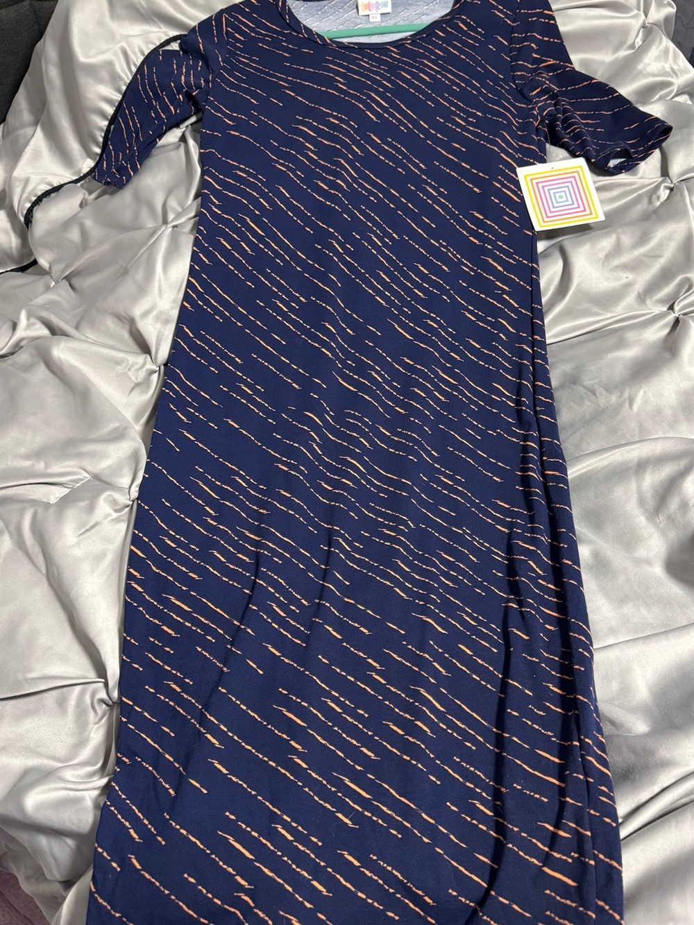 LuLaRoe Navy Dress with Copper Linear Print